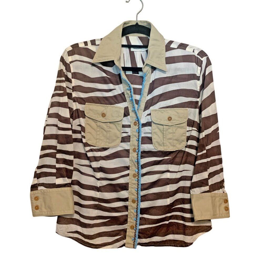 VTG Henry Cottons Top Zebra Print Blue Stones Lined placket Sz 48‎ L/XL Safari
